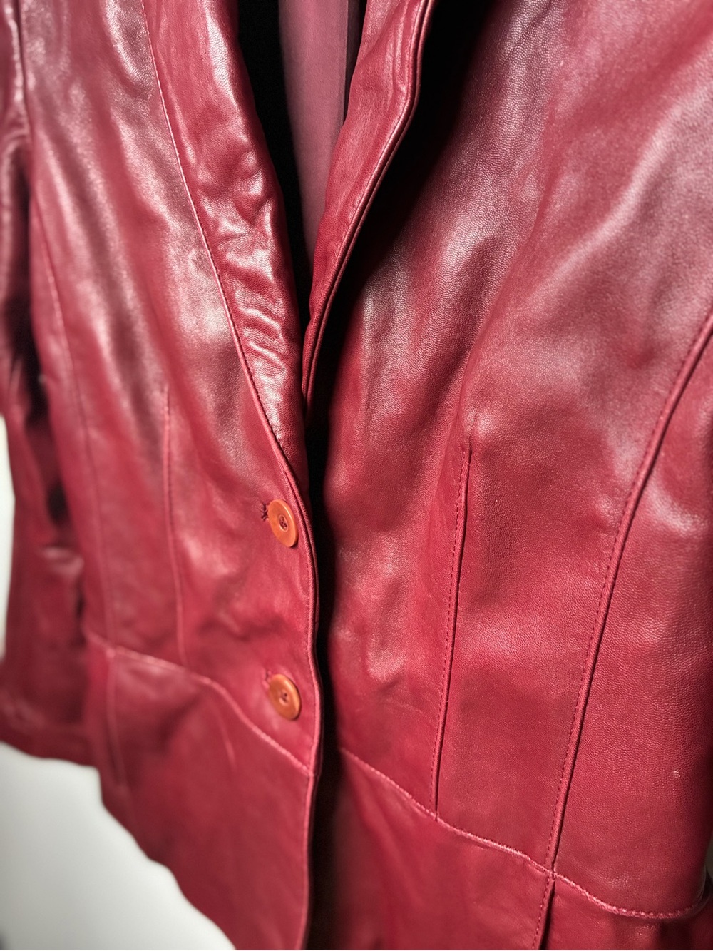 Women's Burgundy Red Leather Blazer Jacket - Picture 4 of 6
